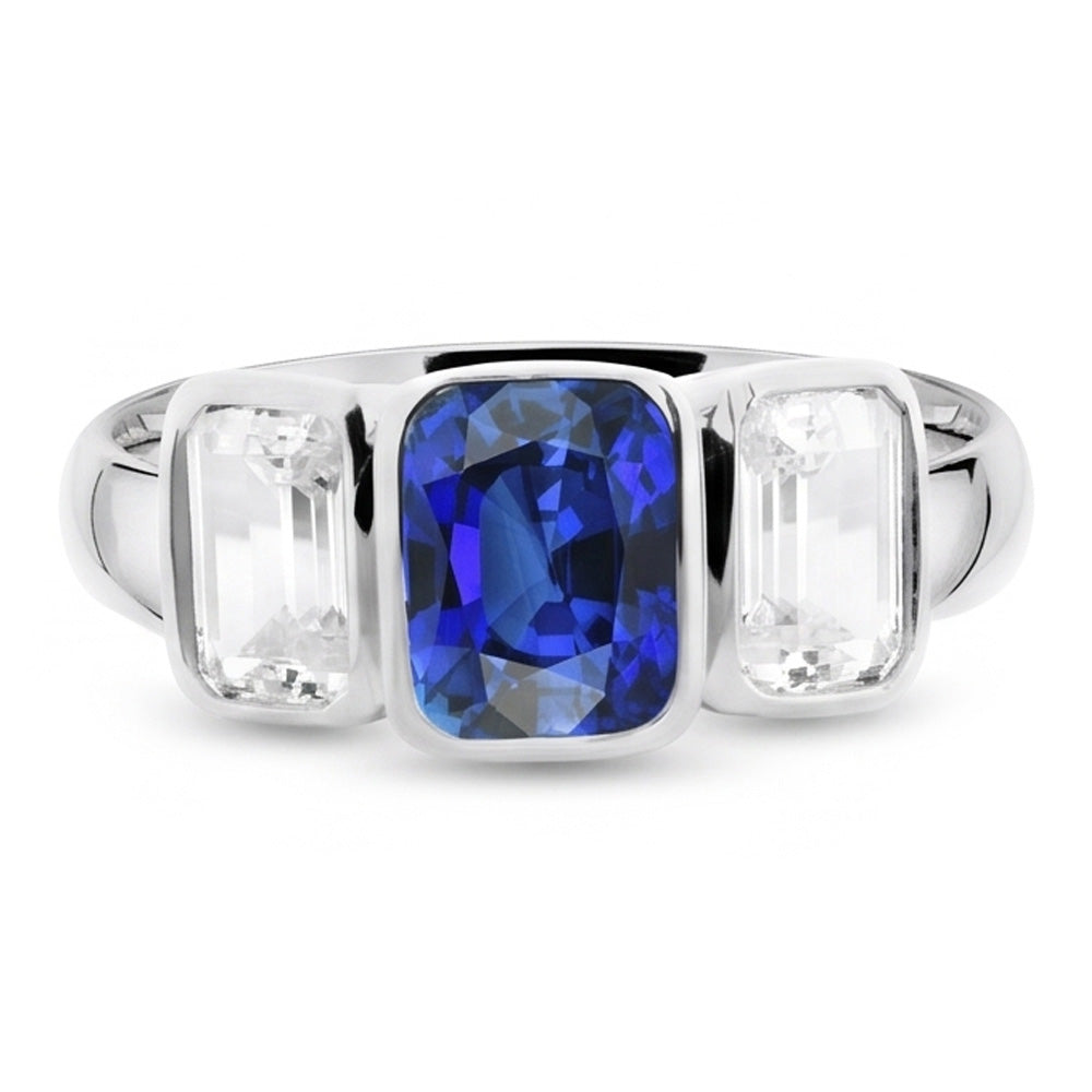 3 Stone Emerald Natural Earth Mined Diamond ( Not Lab Grown ) & Ceylon Sapphire Ring Bezel Set Gold 3 Carats
