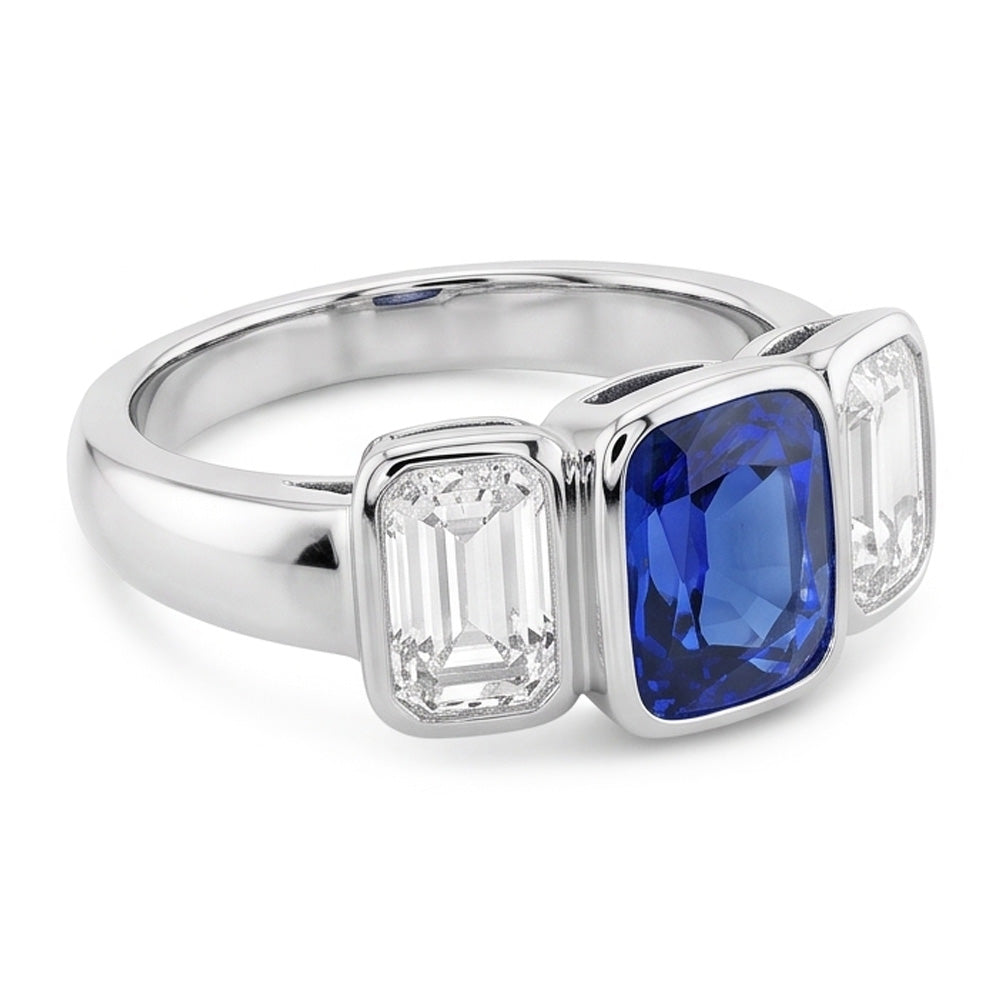 3 Stone Emerald Natural Earth Mined Diamond ( Not Lab Grown ) & Ceylon Sapphire Ring Bezel Set Gold 3 Carats