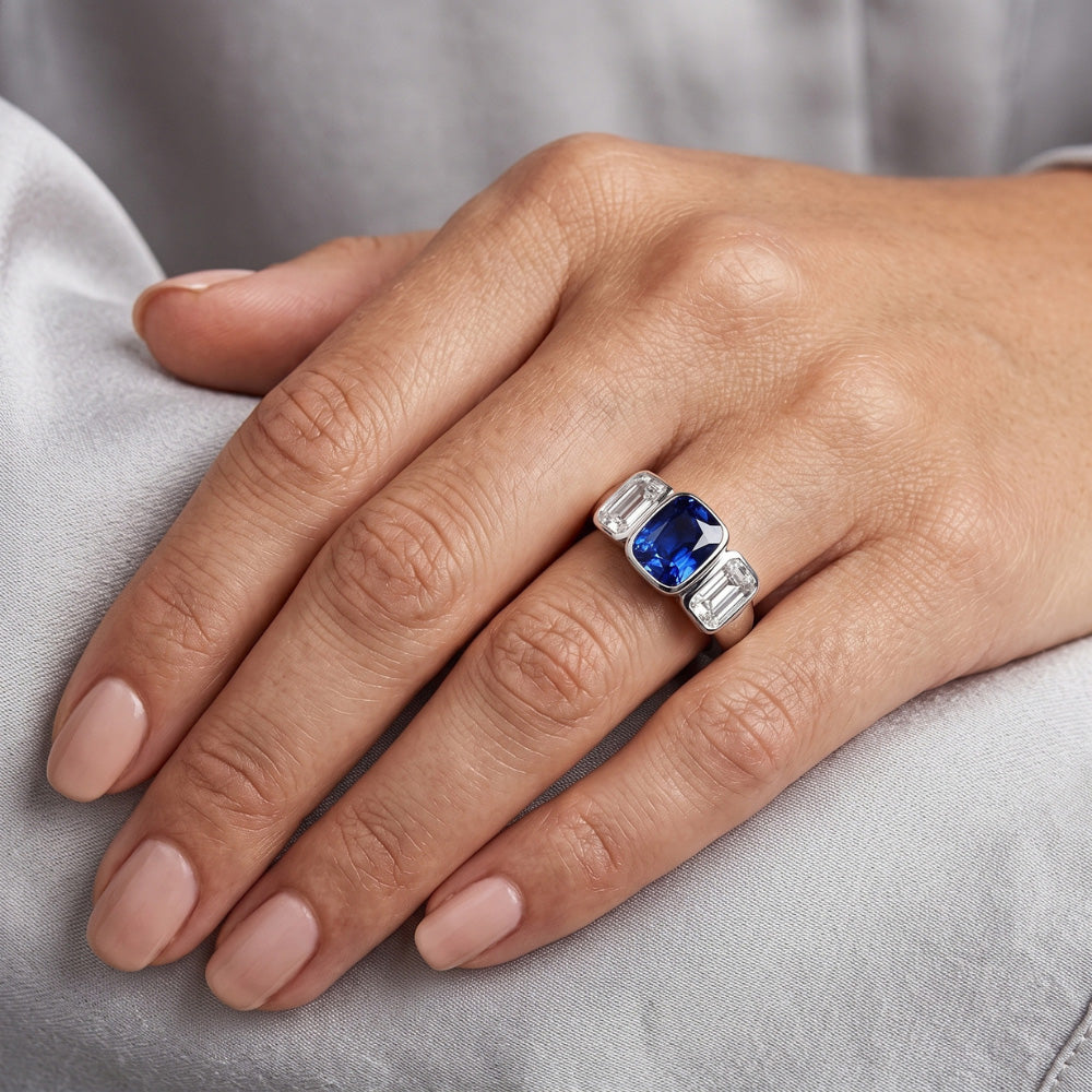 3 Stone Emerald Natural Earth Mined Diamond ( Not Lab Grown ) & Ceylon Sapphire Ring Bezel Set Gold 3 Carats