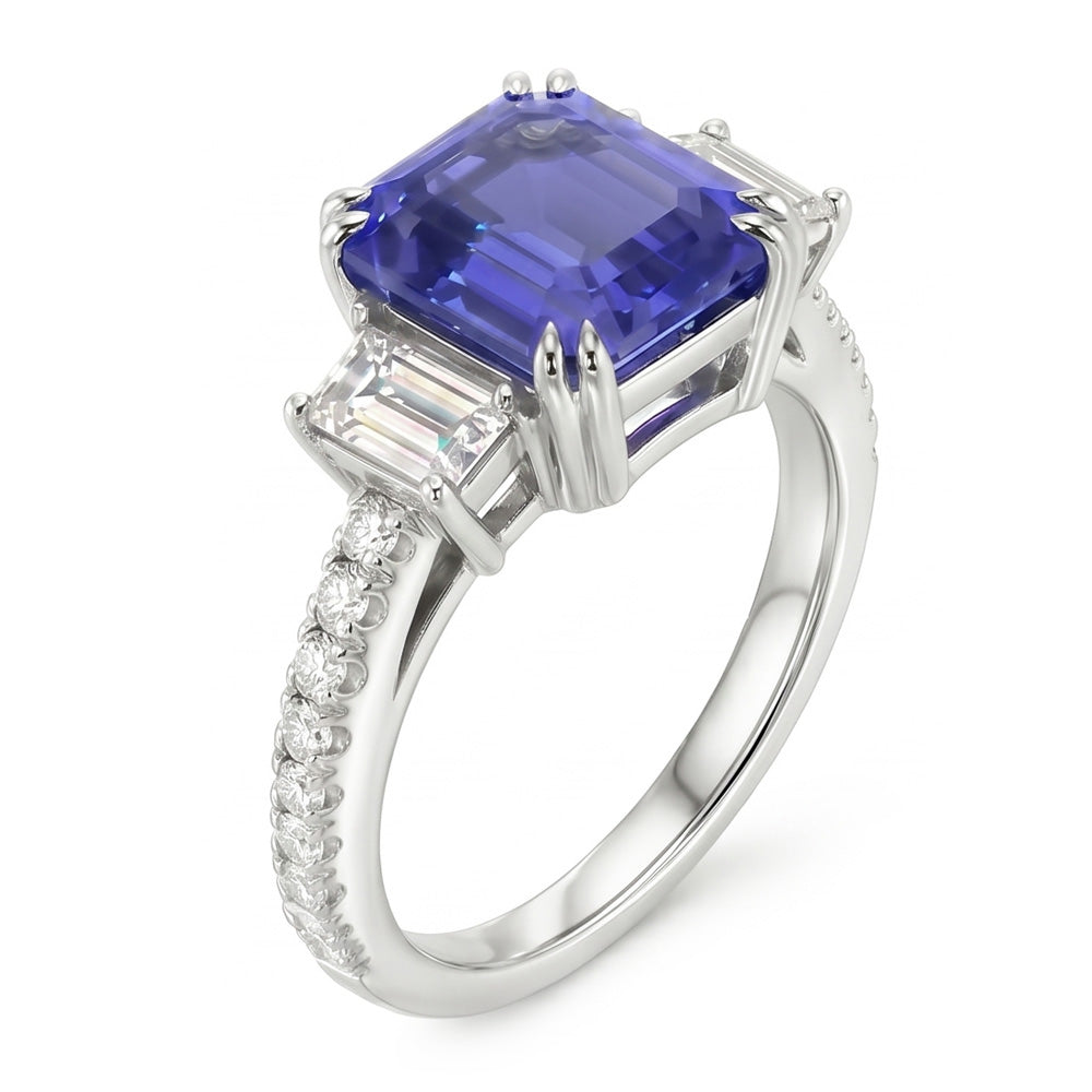 3 Stone Emerald Srilanka Sapphire Ring & Pave Set Natural Earth Mined Diamond ( Not Lab Grown )s 3.50 Carats