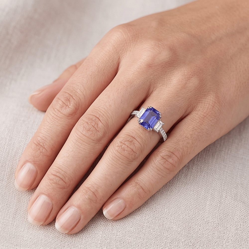 3 Stone Emerald Srilanka Sapphire Ring & Pave Set Natural Earth Mined Diamond ( Not Lab Grown )s 3.50 Carats