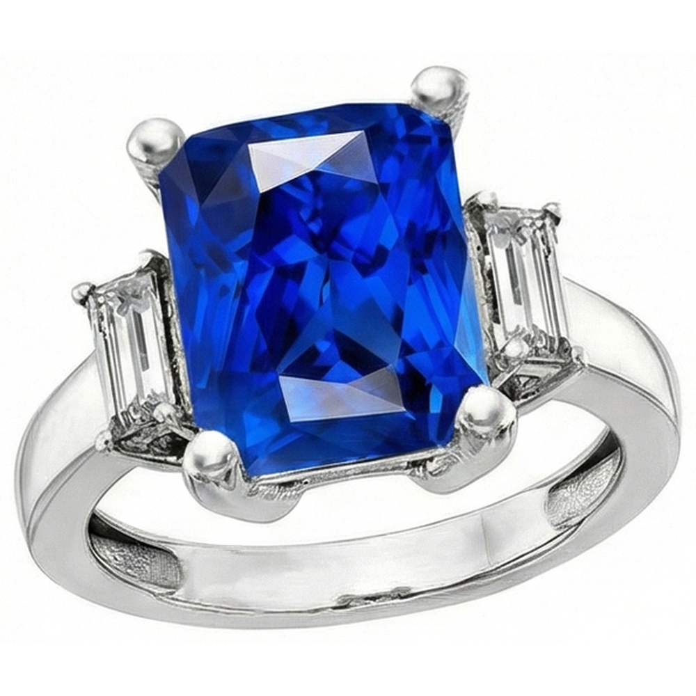 3 Stone Gold Radiant Sapphire Ring Straight Baguette Natural Earth Mined Diamond ( Not Lab Grown )s 4 Carats