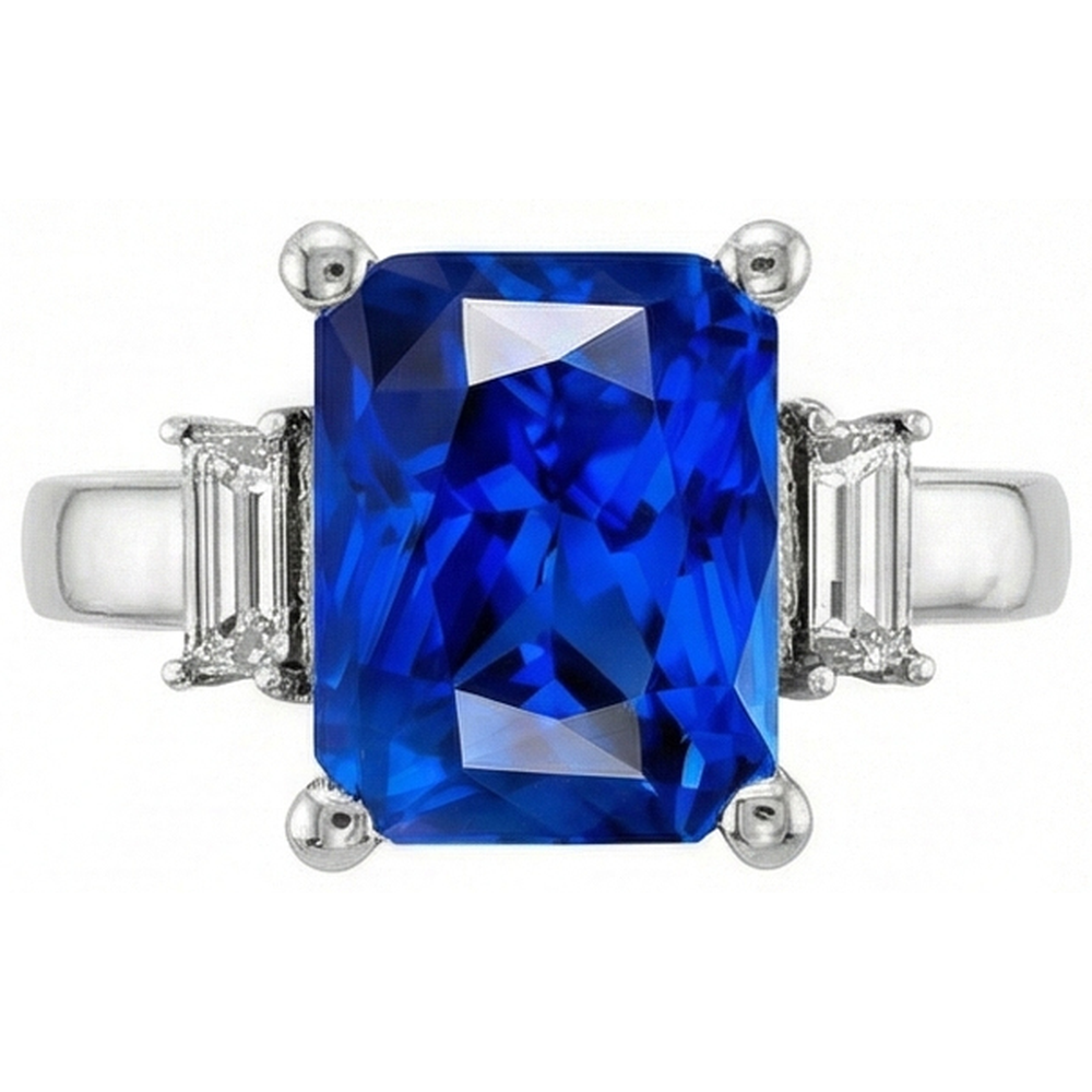 3 Stone Gold Radiant Sapphire Ring Straight Baguette Natural Earth Mined Diamond ( Not Lab Grown )s 4 Carats