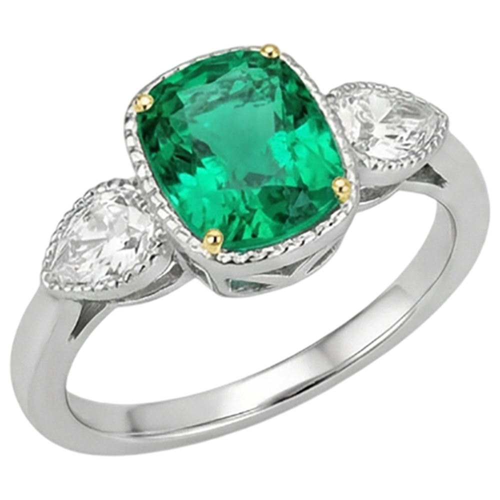 Fine Emerald Cushion Precious Stone Ring in Two-Tone 14K Gold – side view