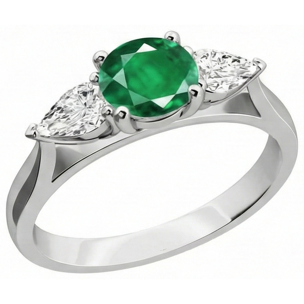 3 Stone Green Emerald & Natural Earth Mined Diamond ( Not Lab Grown ) s 3 Carats Engagement Ring White Gold 14K