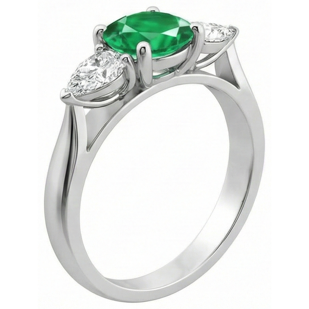 3 Stone Green Emerald & Natural Earth Mined Diamond ( Not Lab Grown ) s 3 Carats Engagement Ring White Gold 14K