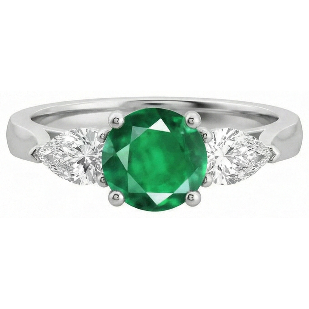 3 Stone Green Emerald & Natural Earth Mined Diamond ( Not Lab Grown ) s 3 Carats Engagement Ring White Gold 14K