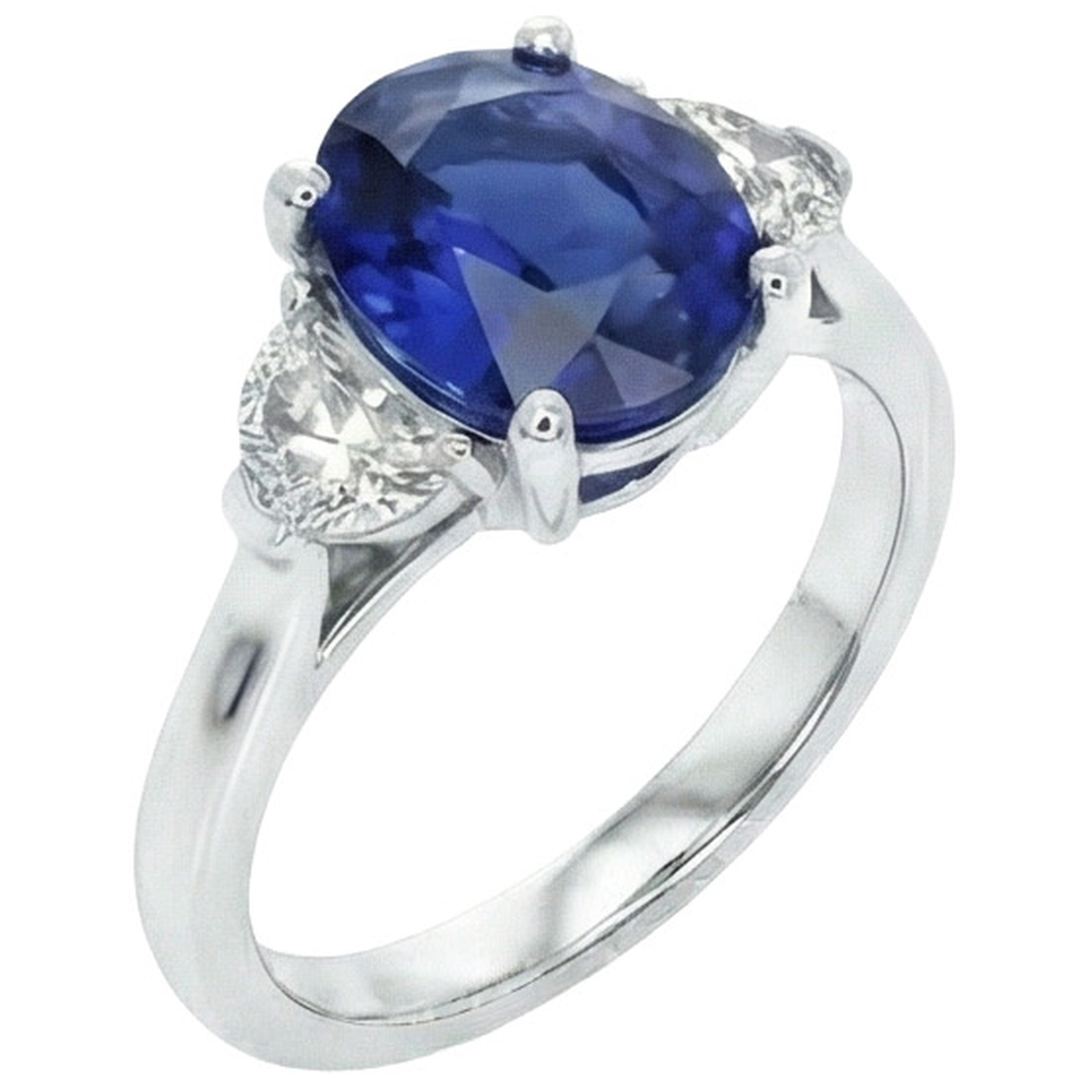 3 Stone Natural Earth Mined Diamond ( Not Lab Grown ) Ring With Oval Deep Blue Sapphire 8.25 Carats Gold 14K