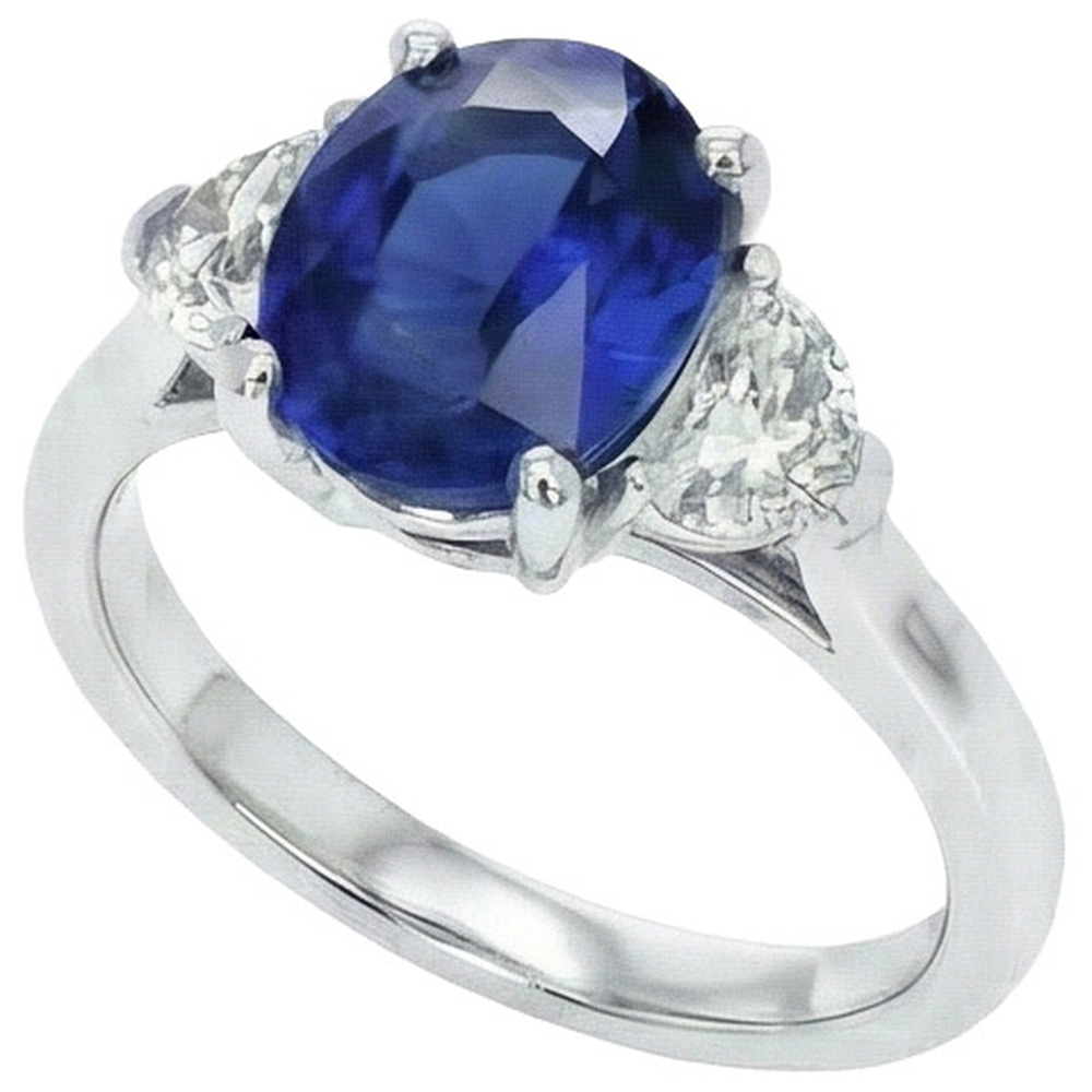 3 Stone Natural Earth Mined Diamond ( Not Lab Grown ) Ring With Oval Deep Blue Sapphire 8.25 Carats Gold 14K