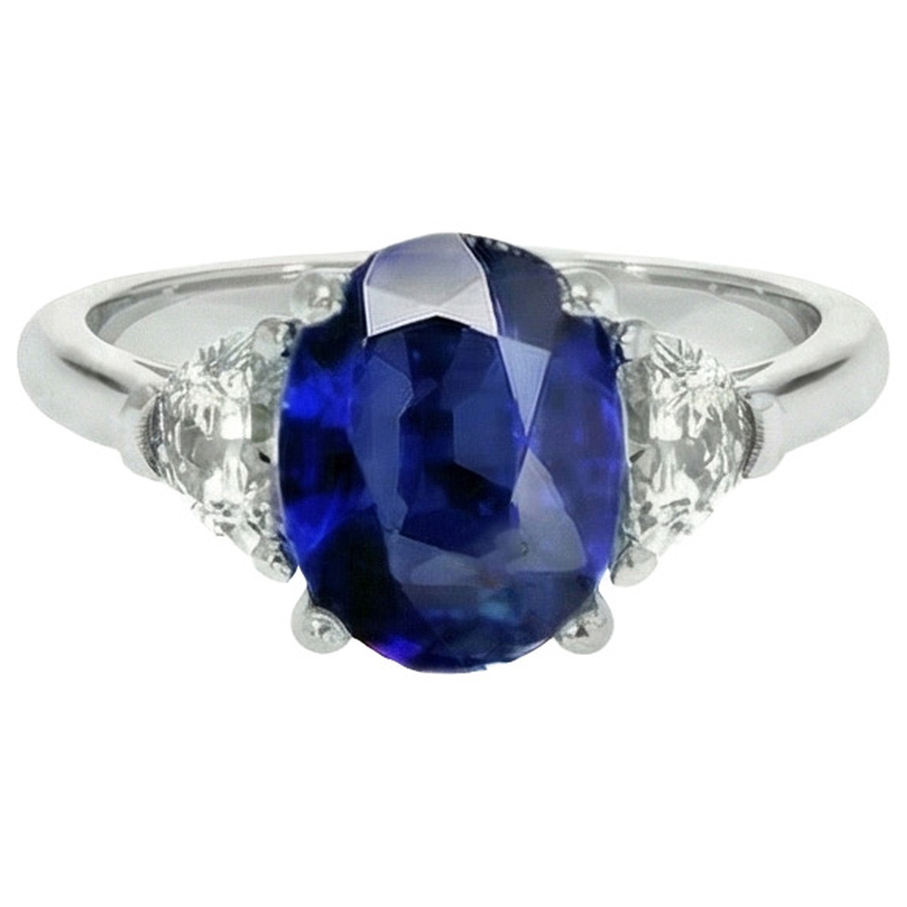 3 Stone Natural Earth Mined Diamond ( Not Lab Grown ) Ring With Oval Deep Blue Sapphire 8.25 Carats Gold 14K