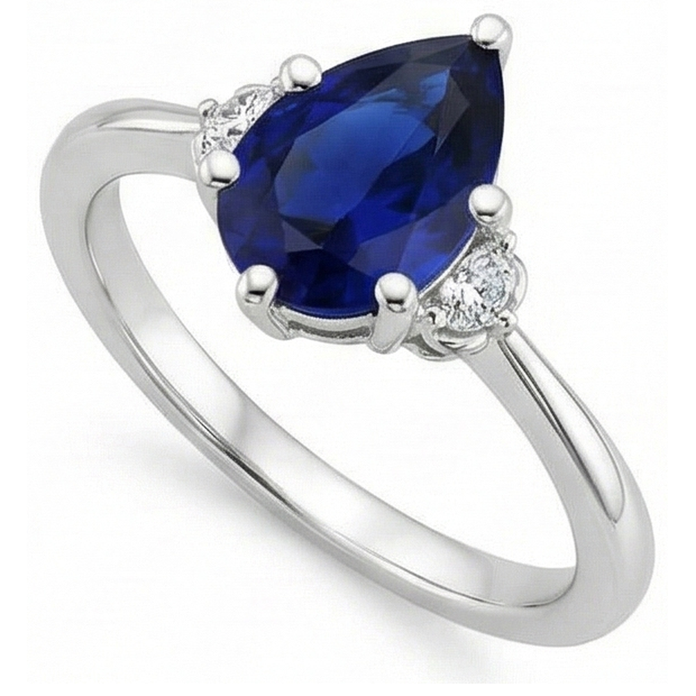 3 Stone Natural Earth Mined Diamond ( Not Lab Grown ) & Blue Sapphire Ring 6.75 Carats Tapered Shank Gold