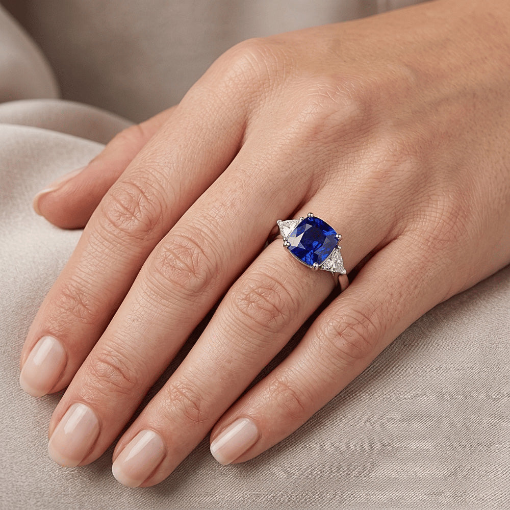 3 Stone Natural Earth Mined Diamond ( Not Lab Grown ) Engagement Ring With One Blue Sapphire 2.75 Carats New