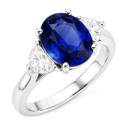 3 Stone Natural Earth Mined Diamond ( Not Lab Grown ) Ring With Oval Deep Blue Sapphire 8.25 Carats Gold 14K