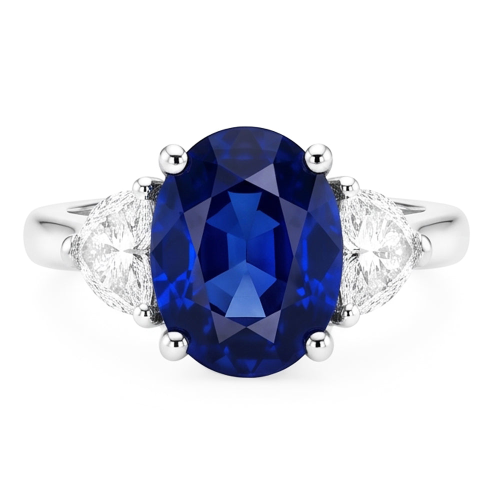 3 Stone Natural Earth Mined Diamond ( Not Lab Grown ) Ring With Oval Deep Blue Sapphire 8.25 Carats Gold 14K