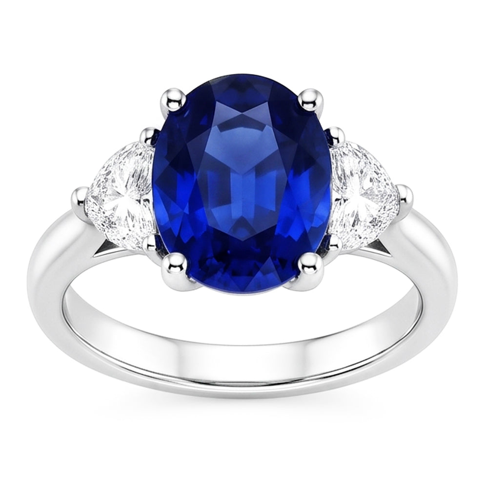 3 Stone Natural Earth Mined Diamond ( Not Lab Grown ) Ring With Oval Deep Blue Sapphire 8.25 Carats Gold 14K