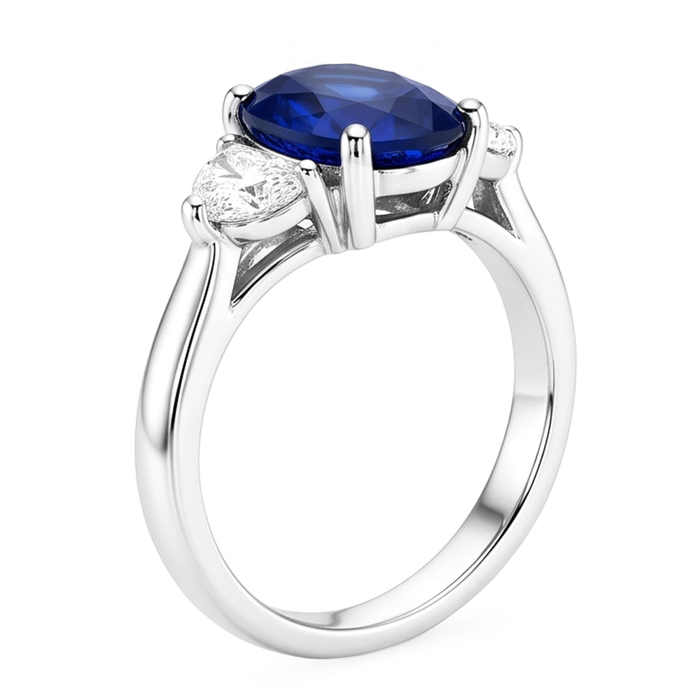 3 Stone Natural Earth Mined Diamond ( Not Lab Grown ) Ring With Oval Deep Blue Sapphire 8.25 Carats Gold 14K