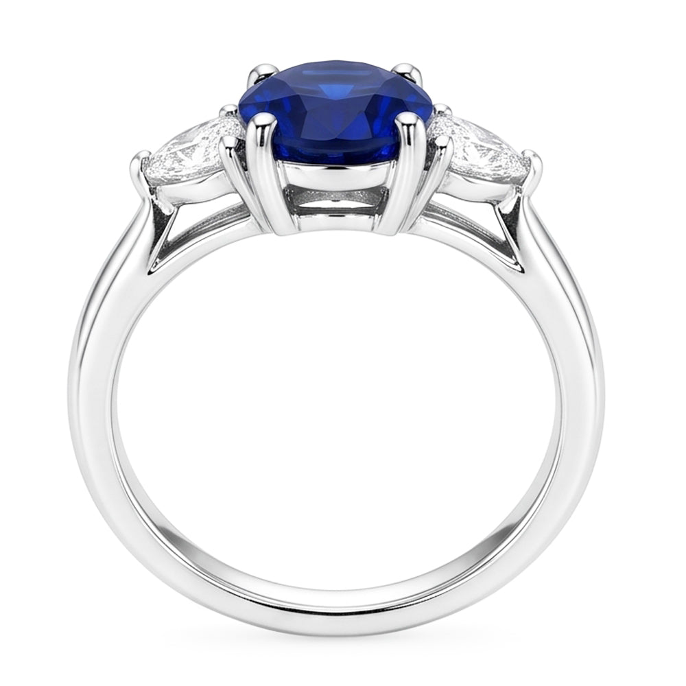 3 Stone Natural Earth Mined Diamond ( Not Lab Grown ) Ring With Oval Deep Blue Sapphire 8.25 Carats Gold 14K