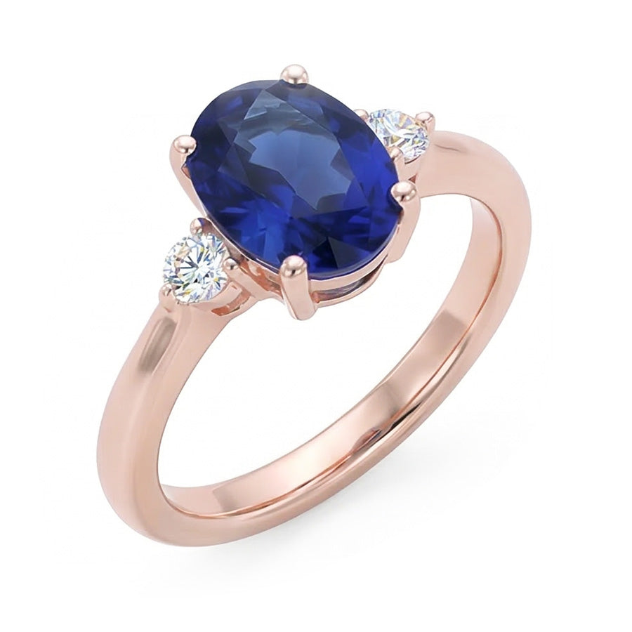 3 Stone Oval Cut Sapphire Ring With Small Round Natural Earth Mined Diamond ( Not Lab Grown )s 2.25 Carats