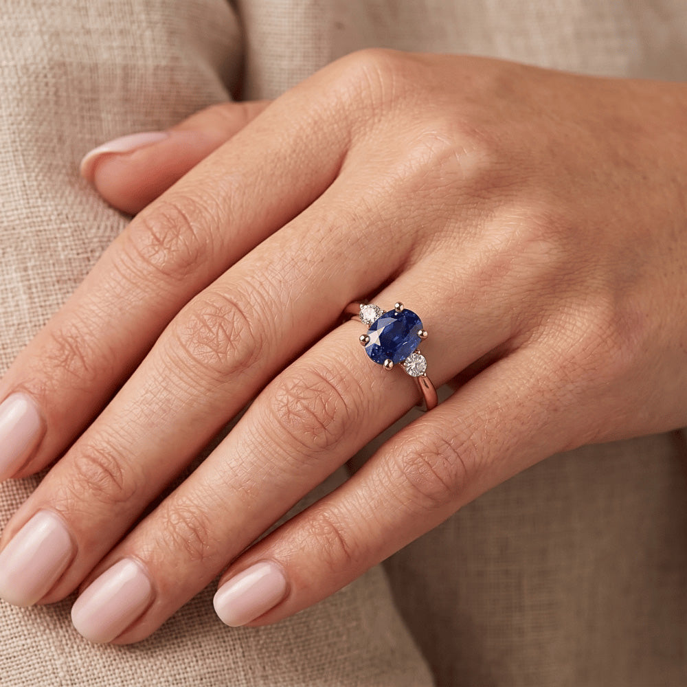 3 Stone Oval Cut Sapphire Ring With Small Round Natural Earth Mined Diamond ( Not Lab Grown )s 2.25 Carats
