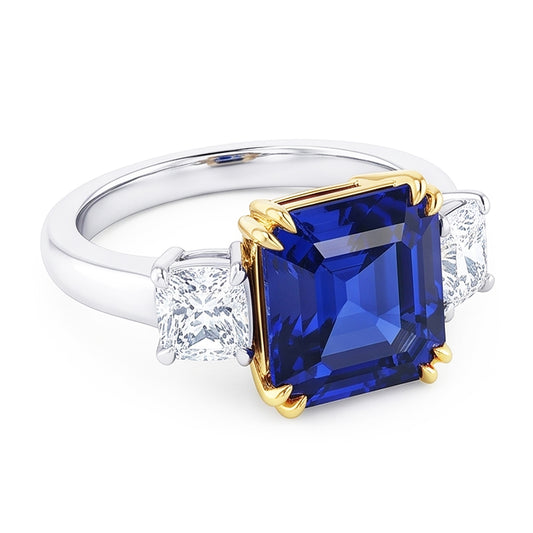 3 Stone Radiant Natural Earth Mined Diamond ( Not Lab Grown ) & Asscher Sapphire Ring 2.50 Carats Two Tone