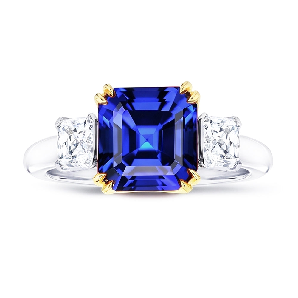 3 Stone Radiant Natural Earth Mined Diamond ( Not Lab Grown ) & Asscher Sapphire Ring 2.50 Carats Two Tone