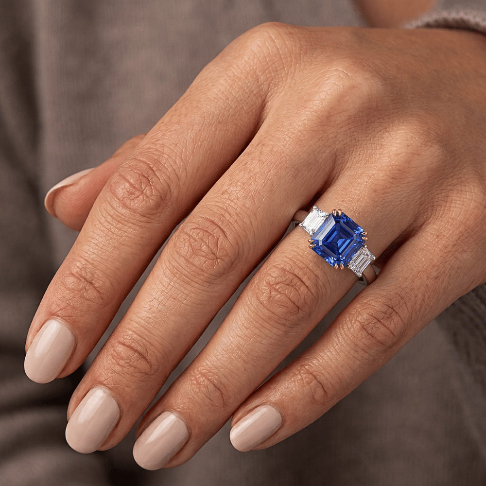 3 Stone Radiant Natural Earth Mined Diamond ( Not Lab Grown ) & Asscher Sapphire Ring 2.50 Carats Two Tone