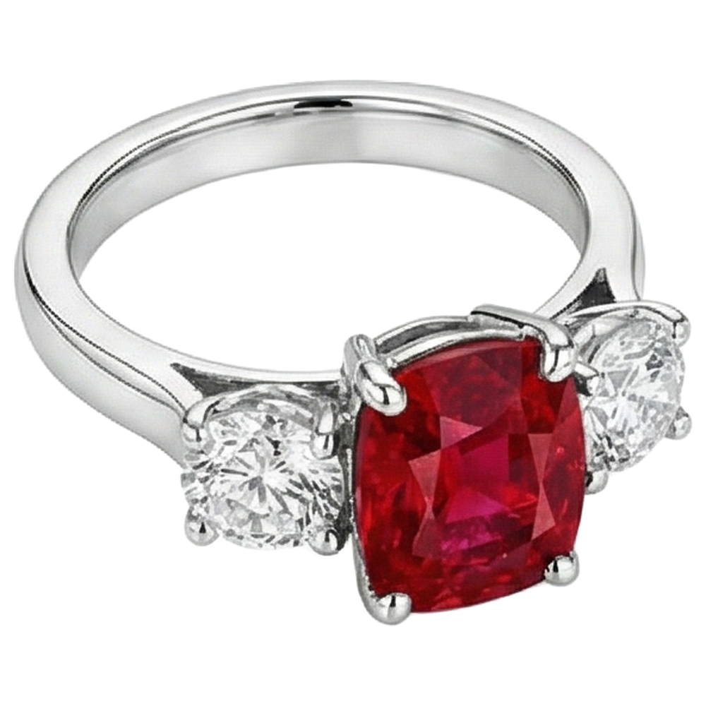 3 Stone Red Ruby And Natural Earth Mined Diamond ( Not Lab Grown ) s 4.50 Carats Ring 14K Gold