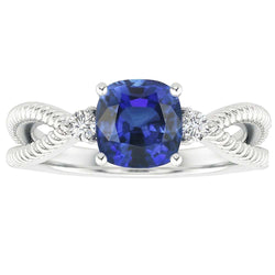 3 Stone Ring Cushion Blue Sapphire Rope Style 2.25 Carats Split Shank