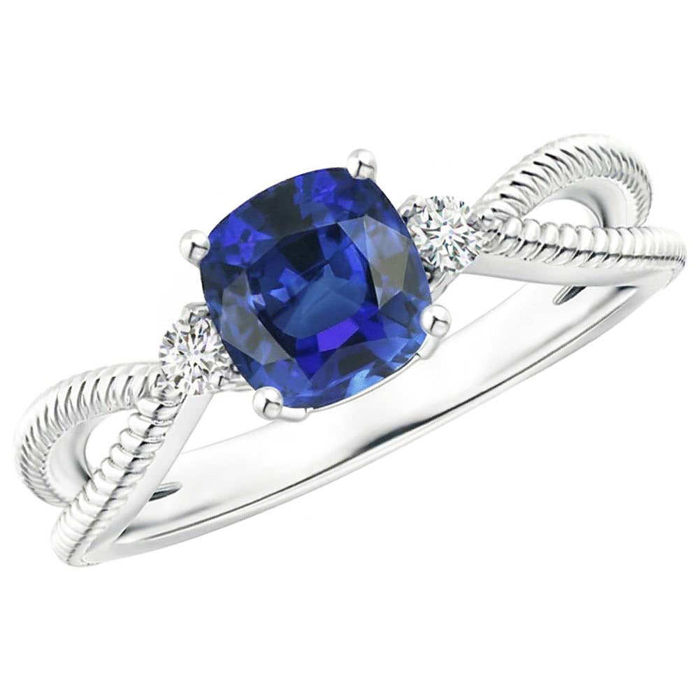 3 Stone Ring Cushion Blue Sapphire Rope Style 2.25 Carats Split Shank