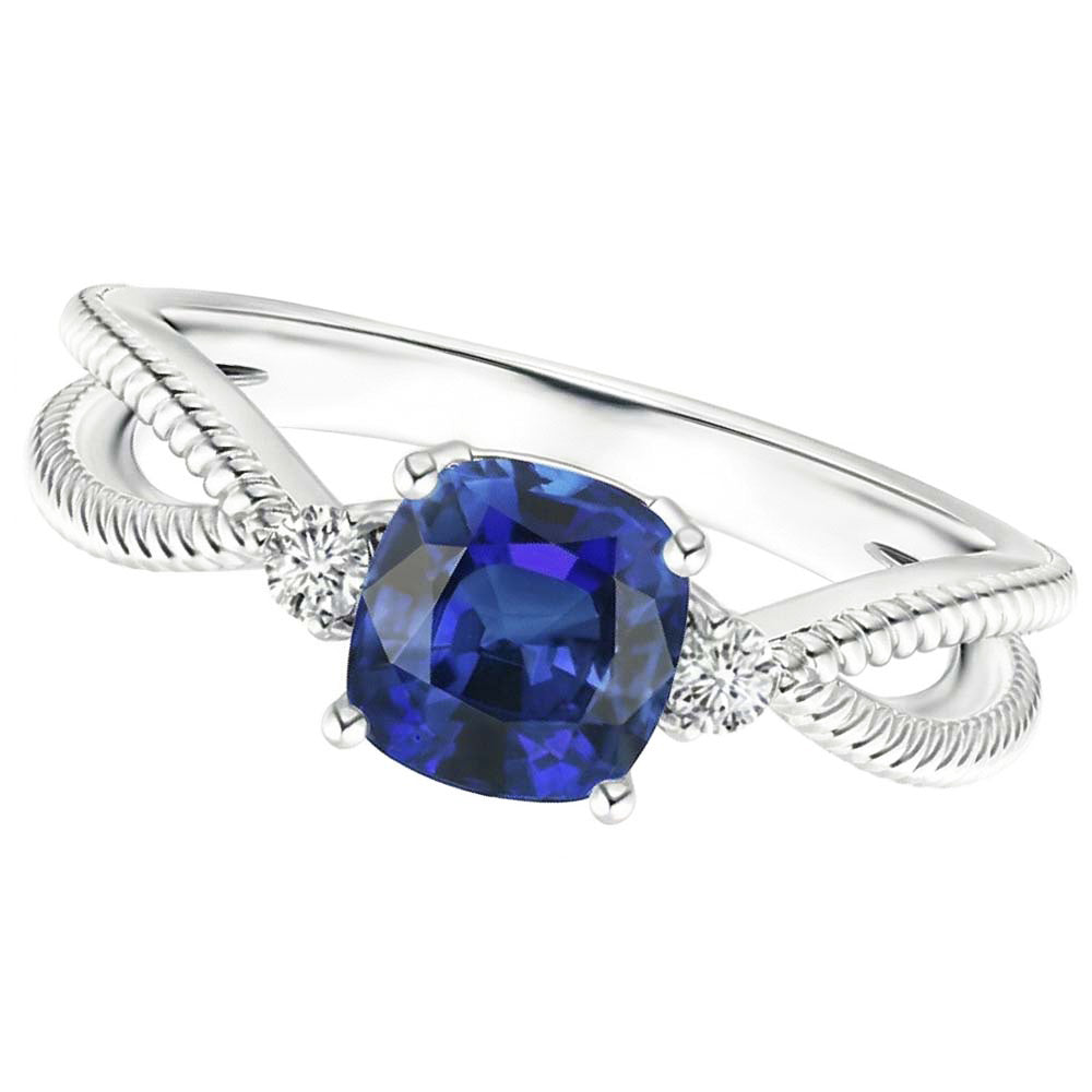 3 Stone Ring Cushion Blue Sapphire Rope Style 2.25 Carats Split Shank