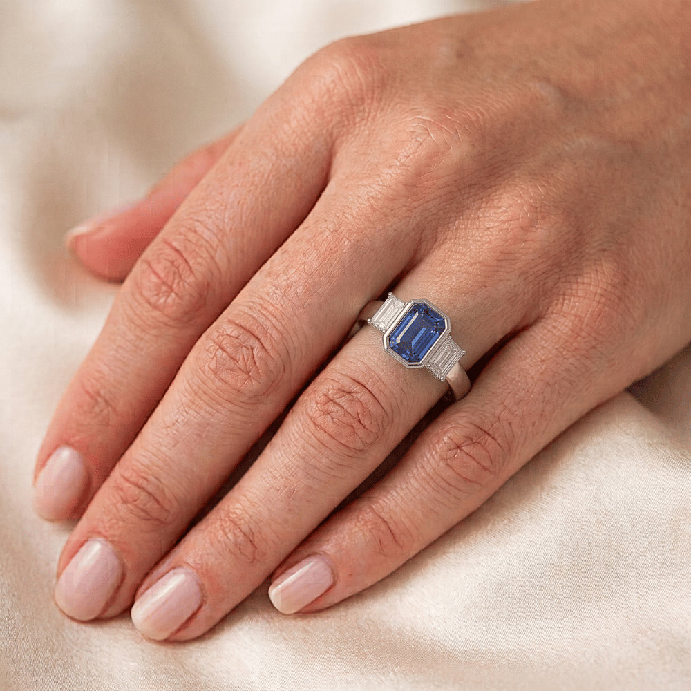 3 Stone Ring Emerald Blue Sapphire & Princess Natural Earth Mined Diamond ( Not Lab Grown )s 1.50 Carats