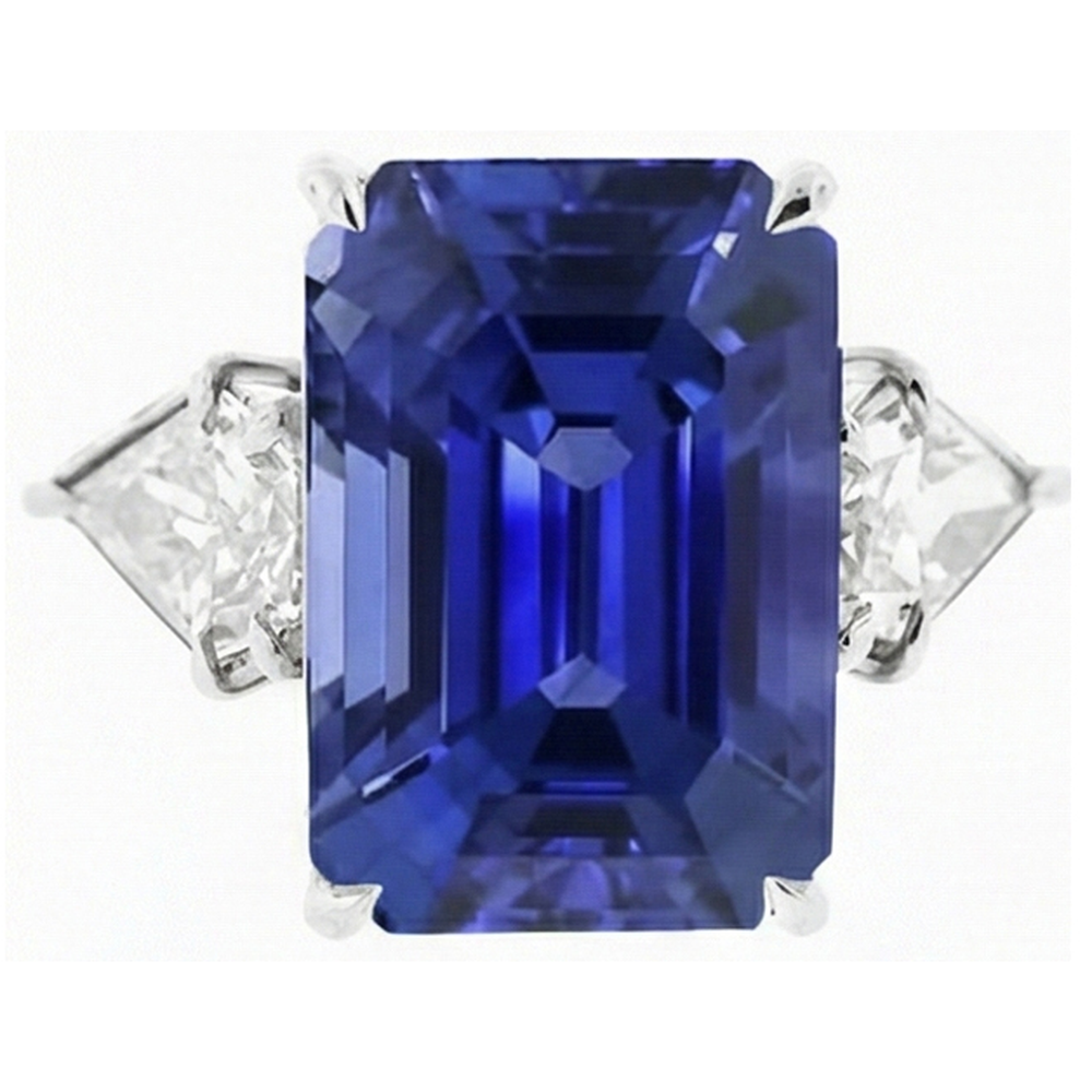 3 Stone Ring Emerald Blue Sapphire & Trillion Natural Earth Mined Diamond ( Not Lab Grown )s 4.50 Carats New
