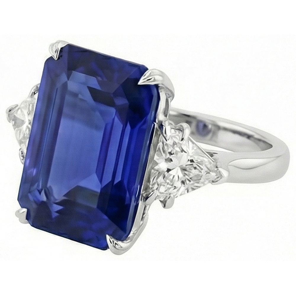 3 Stone Ring Emerald Blue Sapphire & Trillion Natural Earth Mined Diamond ( Not Lab Grown )s 4.50 Carats New