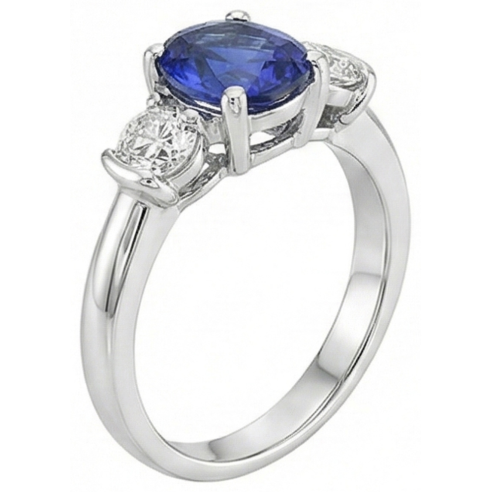 3 Stone Ring Oval And Round Cut Ceylon Sapphire & Natural Earth Mined Diamond 5 Carats New