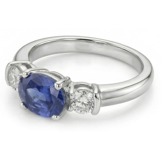 3 Stone Ring Oval And Round Cut Ceylon Sapphire & Natural Earth Mined Diamond ( Not Lab Grown ) 5 Carats New