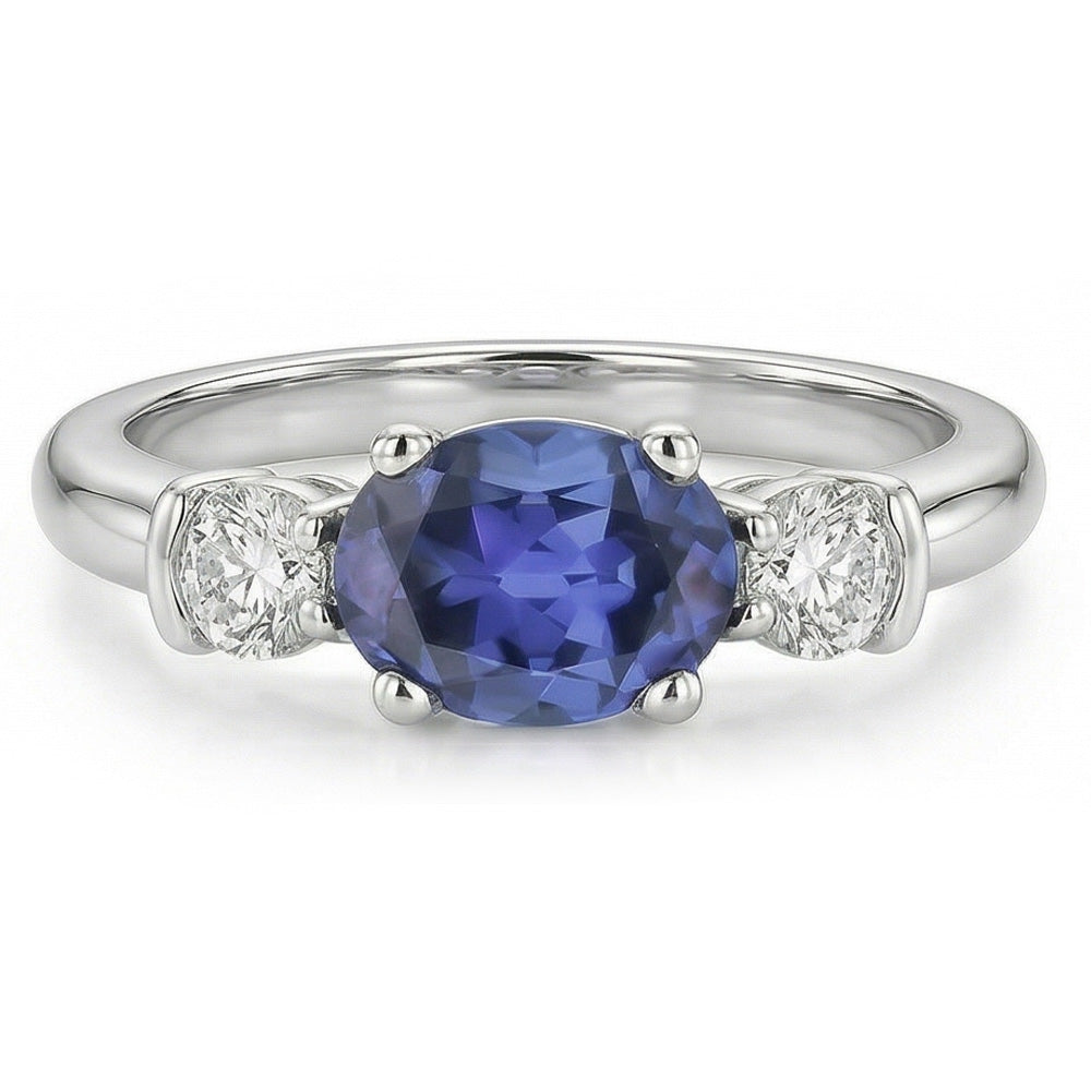 3 Stone Ring Oval And Round Cut Ceylon Sapphire & Natural Earth Mined Diamond ( Not Lab Grown ) 5 Carats New