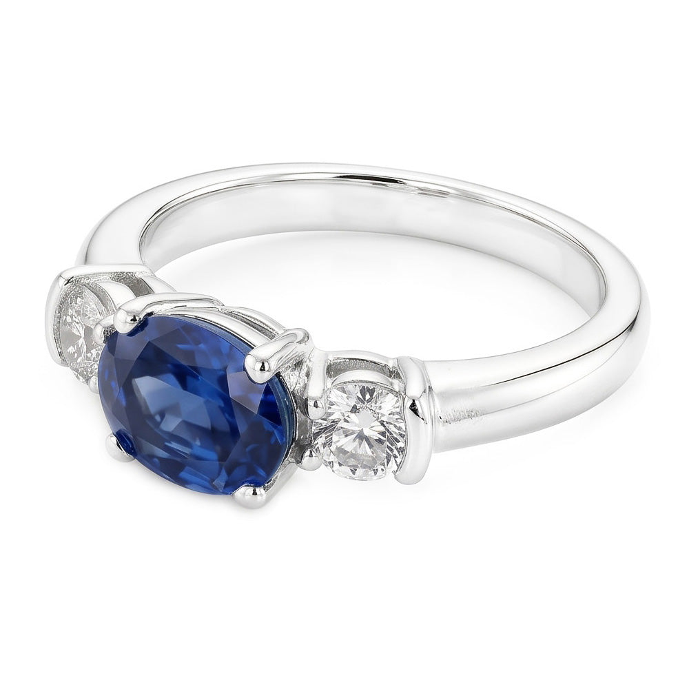 3 Stone Ring Oval And Round Cut Ceylon Sapphire & Natural Earth Mined Diamond ( Not Lab Grown ) 5 Carats New