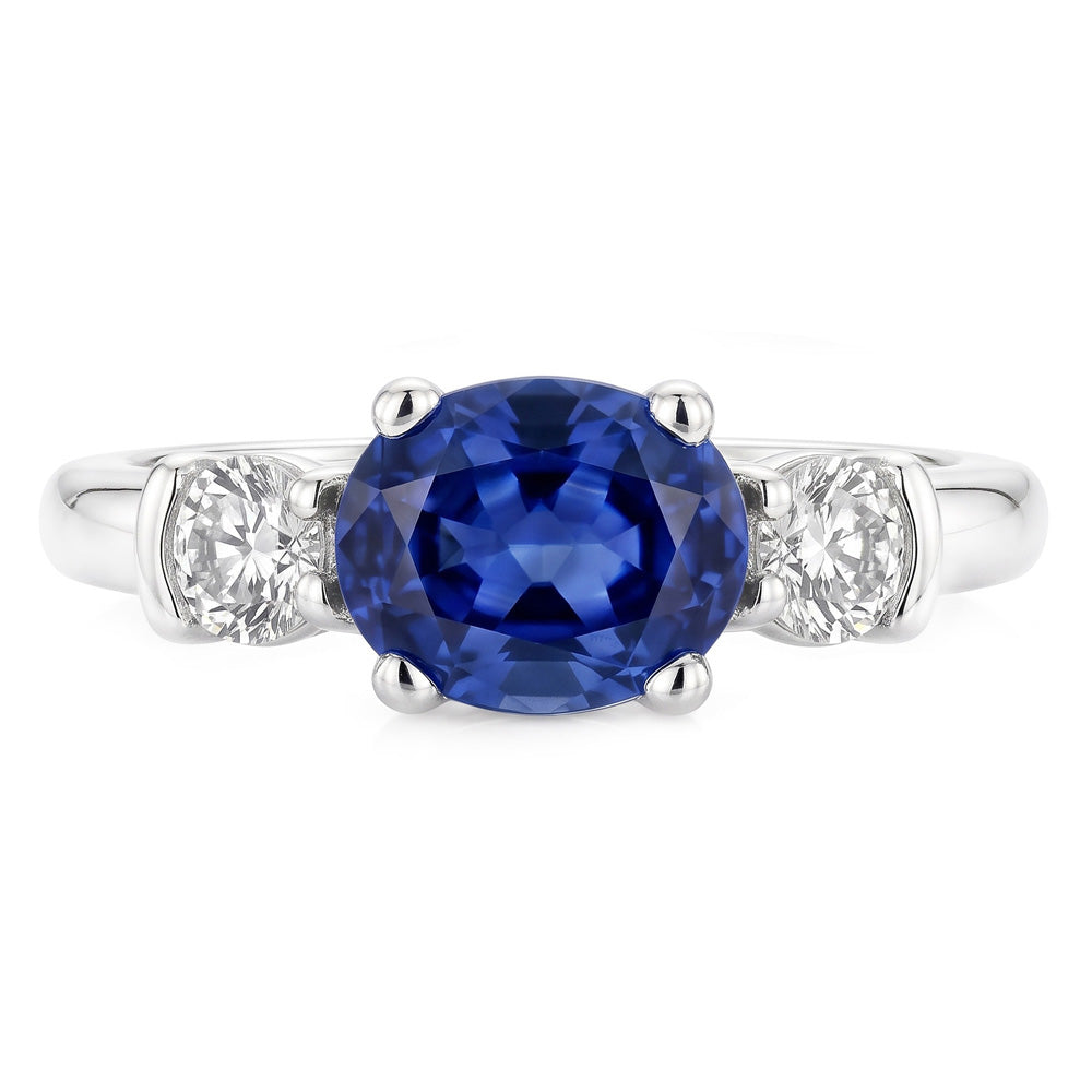 3 Stone Ring Oval And Round Cut Ceylon Sapphire & Natural Earth Mined Diamond ( Not Lab Grown ) 5 Carats New