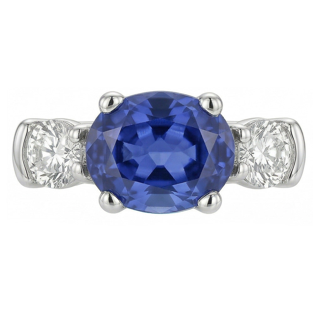 3 Stone Ring Oval And Round Cut Ceylon Sapphire & Natural Earth Mined Diamond ( Not Lab Grown ) 5 Carats New