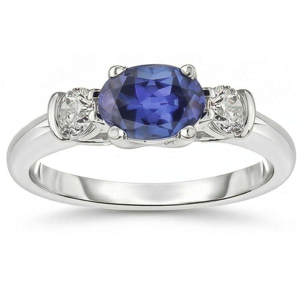 3 Stone Ring Oval And Round Cut Ceylon Sapphire & Natural Earth Mined Diamond ( Not Lab Grown ) 5 Carats New