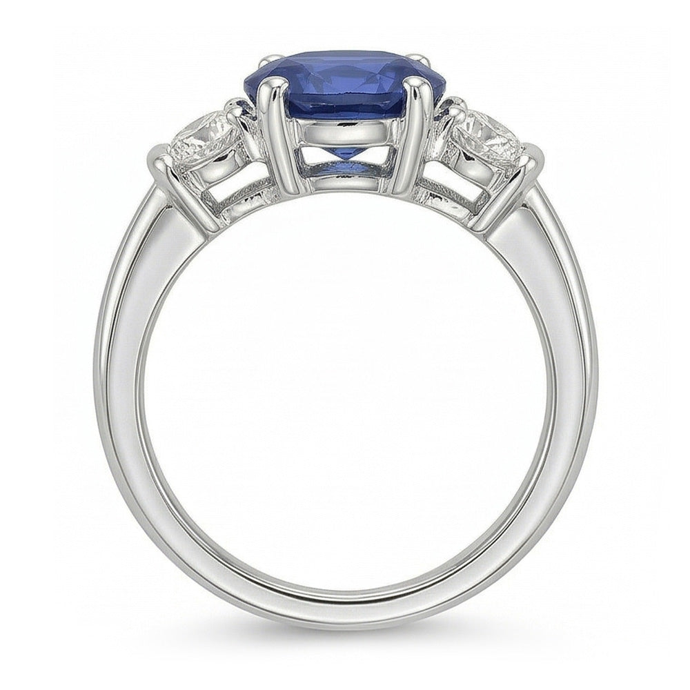 3 Stone Ring Oval And Round Cut Ceylon Sapphire & Natural Earth Mined Diamond ( Not Lab Grown ) 5 Carats New