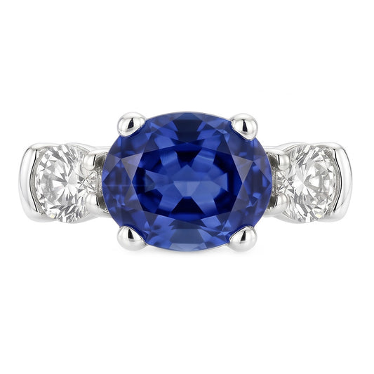 3 Stone Ring Oval And Round Cut Ceylon Sapphire & Natural Earth Mined Diamond ( Not Lab Grown ) 5 Carats New