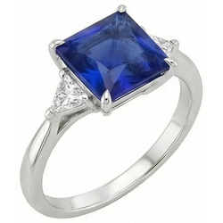 3 Stone Ring Princess Blue Sapphire & Trillion Cut Natural Earth Mined Diamond ( Not Lab Grown )s 5.50 Carat