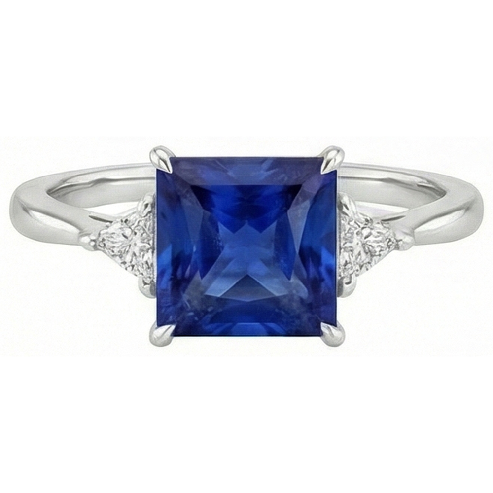 3 Stone Ring Princess Blue Sapphire & Trillion Cut Natural Earth Mined Diamond ( Not Lab Grown )s 5.50 Carat