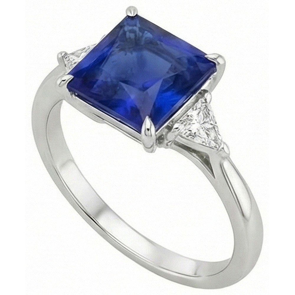 3 Stone Ring Princess Blue Sapphire & Trillion Cut Natural Earth Mined Diamond ( Not Lab Grown )s 5.50 Carat