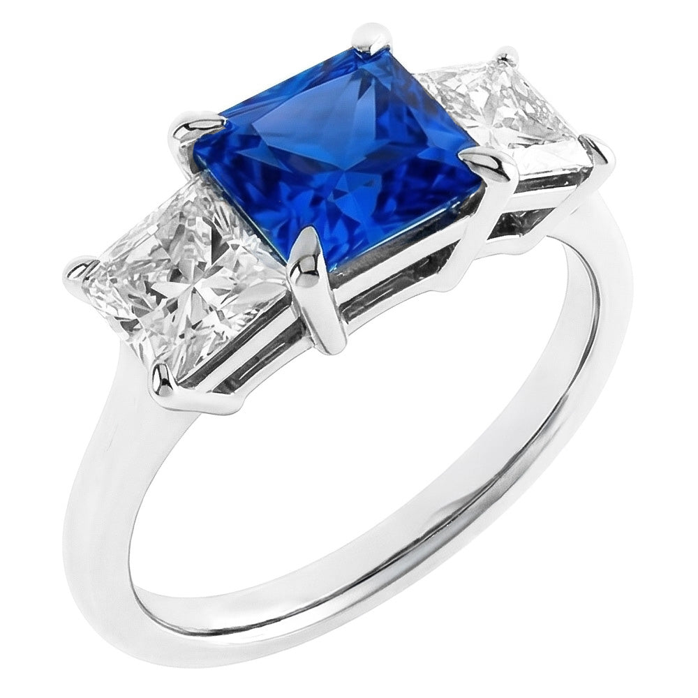 3 Stone Ring Princess Prong Set Ceylon Sapphire & Natural Earth Mined Diamond ( Not Lab Grown )s 2 Carats