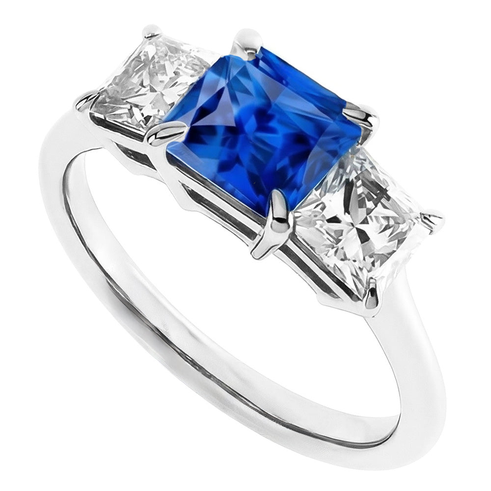 3 Stone Ring Princess Prong Set Ceylon Sapphire & Natural Earth Mined Diamond ( Not Lab Grown )s 2 Carats
