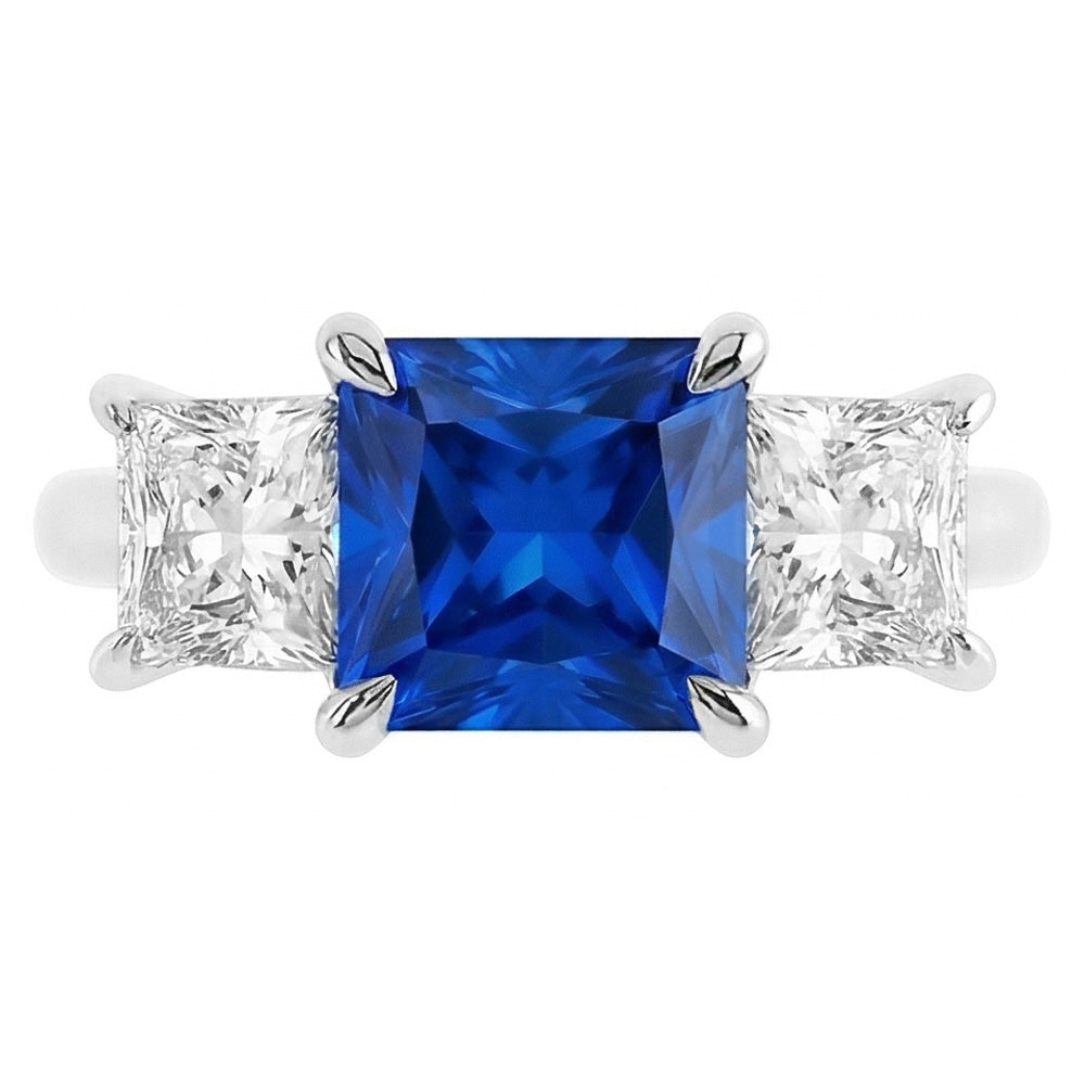 3 Stone Ring Princess Prong Set Ceylon Sapphire & Natural Earth Mined Diamond ( Not Lab Grown )s 2 Carats