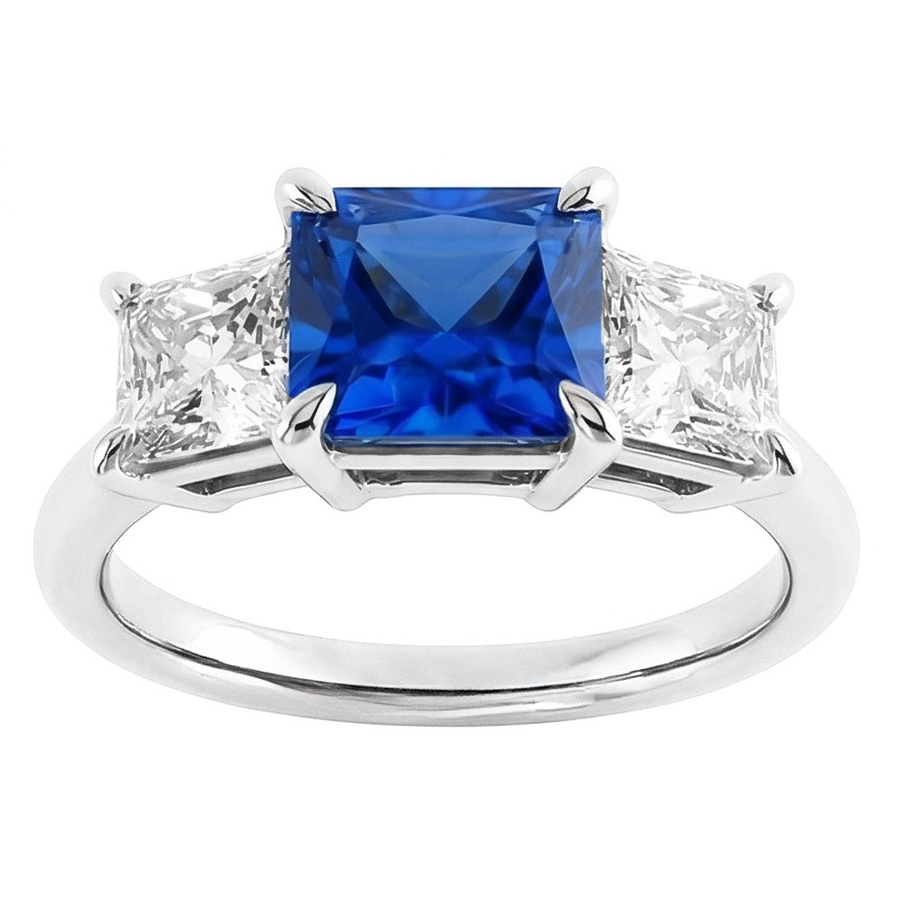 3 Stone Ring Princess Prong Set Ceylon Sapphire & Natural Earth Mined Diamond ( Not Lab Grown )s 2 Carats