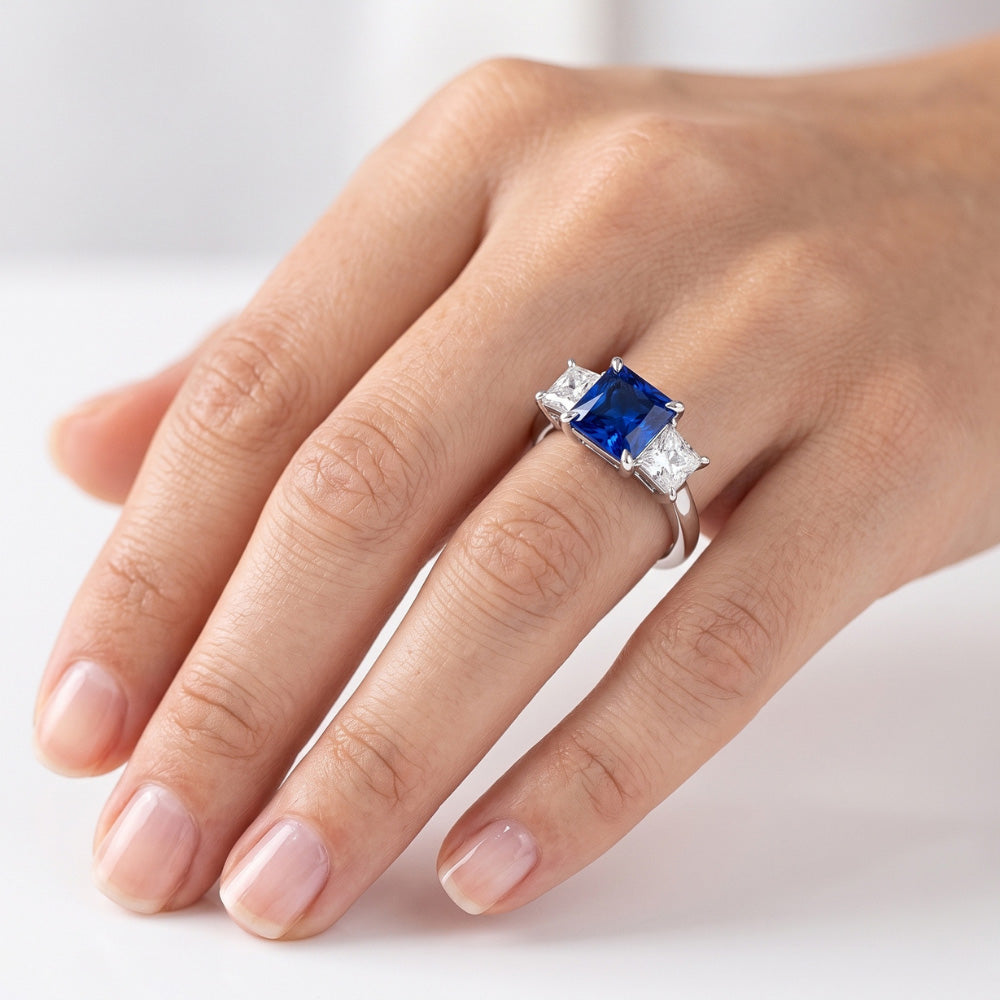 3 Stone Ring Princess Prong Set Ceylon Sapphire & Natural Earth Mined Diamond ( Not Lab Grown )s 2 Carats
